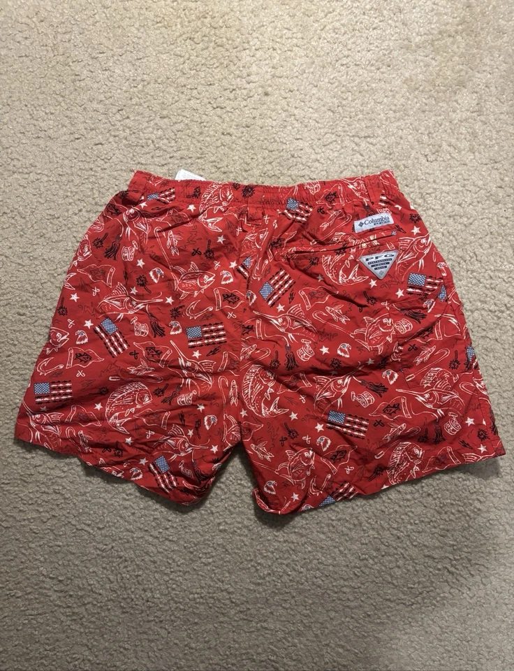Pantalones Cortos de Pesca Columbia PFG Omni-Sombra Para Hombres Medianos Rojo EE. UU. Estampado de Peces Foto 4 de 4