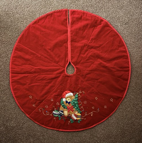 Christmas Tree Skirt 42" Red Velvet Teddy Bear Tree Ornaments Embroidered Design