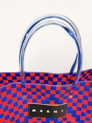 Marni Market Bag Woven Tote Red Blue Check Handbag Basket Style