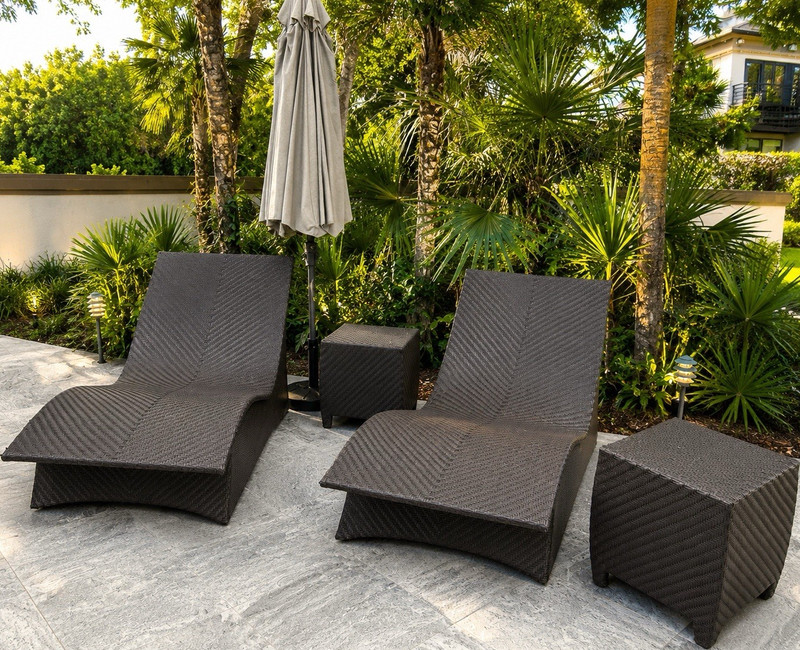 4-Piece Woven Wicker Outdoor Chaise Lounge and Side Table Set