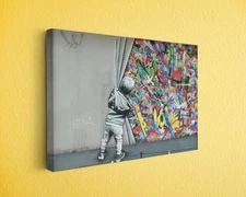 Banksy Street Art Canvas Print - Child Pulling Curtain Urban Wall Decor