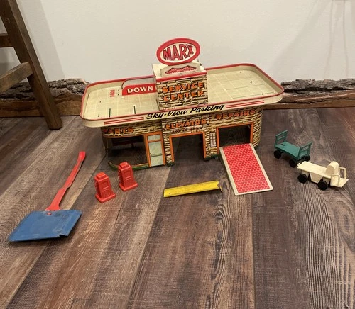 Marx Tin Litho Service Center Gas Station Sky View Parking Garage Vintage Read