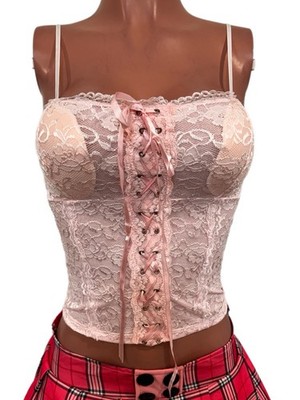 Y2K Vintage Boom Up Lace Up Lace Lined Cami Top NWTS Deadstock Glam Going Out