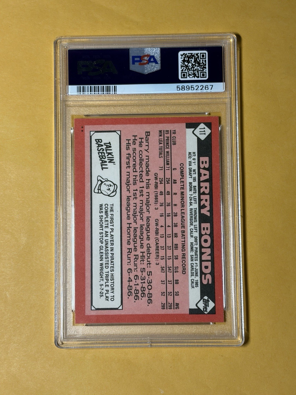 1986 Topps Traded Barry Bonds #11T Rookie Card PSA MINT 9 view 2