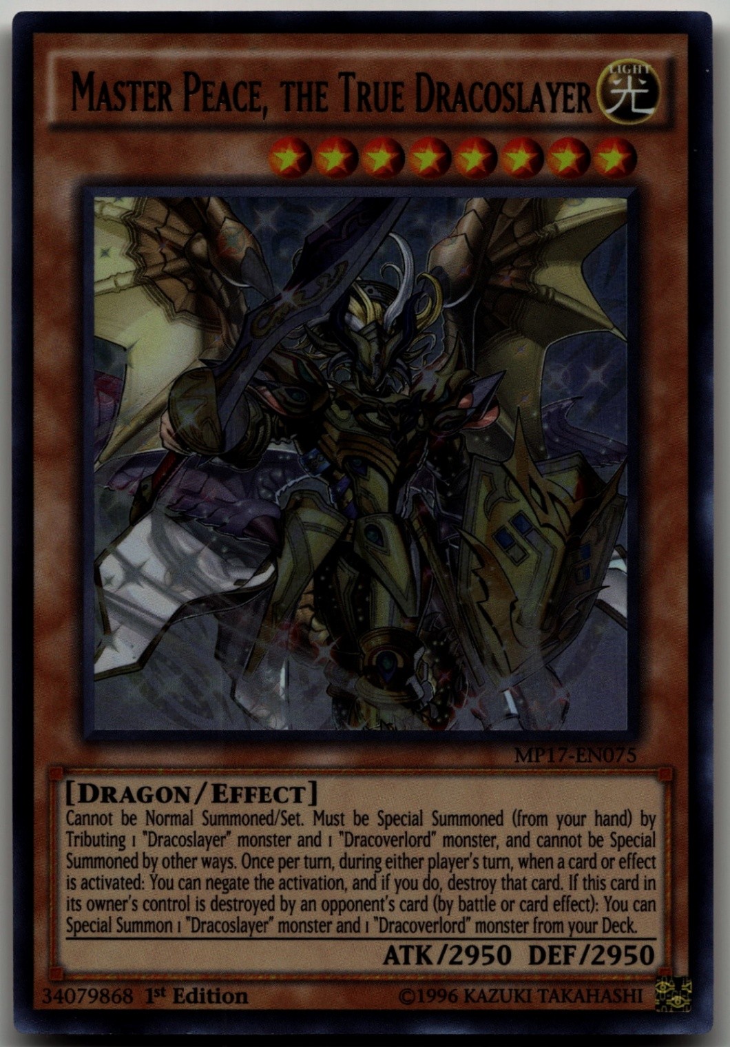 Master Peace, the True Dracoslayer MP17-EN075 YuGiOh 2017 Mega-Tin Mega Pack trading card — raw and PSA graded price guide