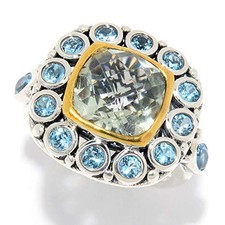 925 Sterling Silver Green Amethyst With Swiss Blue Topaz Ring For Women's.