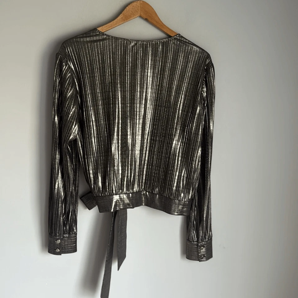 Ted Baker Elwiira Gathered Metallic Wrap Top - Gray Large - Image 3 of 4