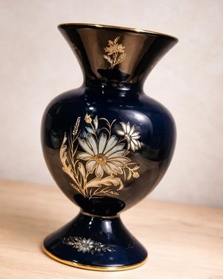 Kobaltblaue Vintage Vase mit Golddekor 25 cm Porzellan Blickfang
