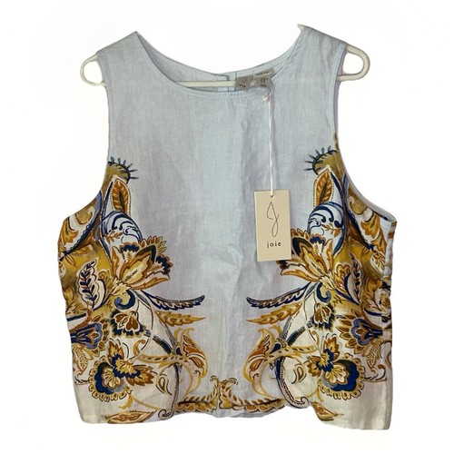Joie 100% Linen Top Sz XL Light Blue Floral Sleeveless Tank Button Back NWT