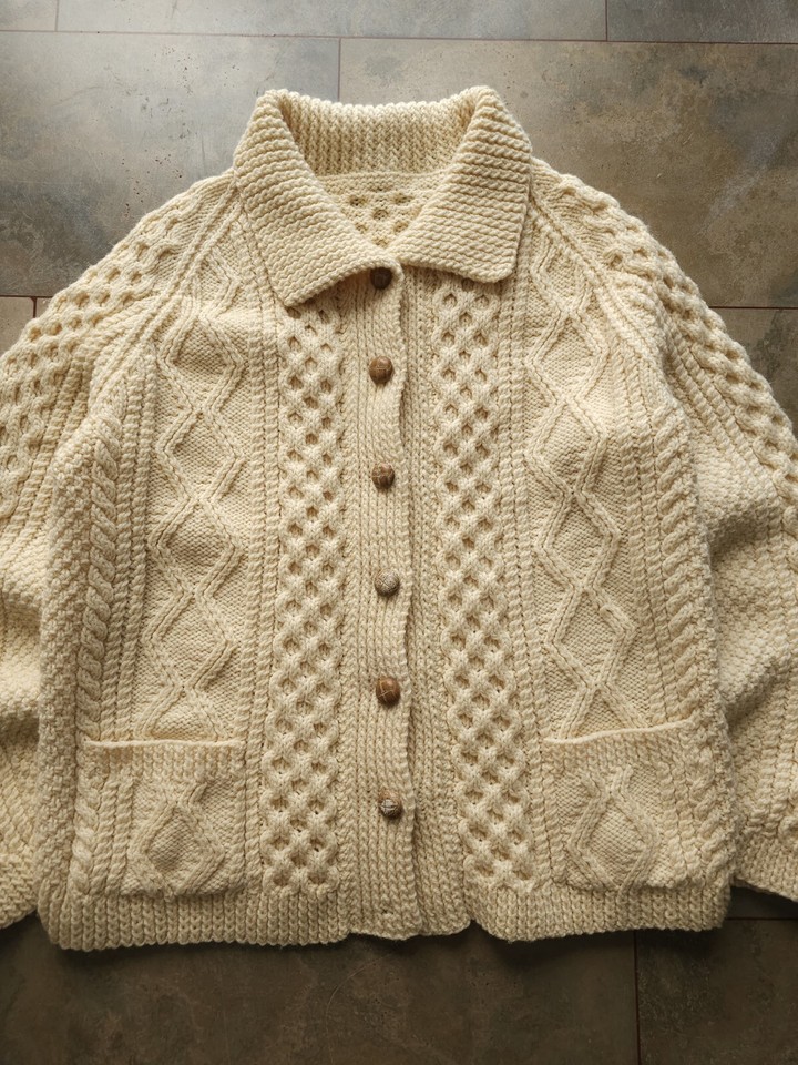Vintage Handmade 1970s Women's Ivory Cable Knit Cardigan Sweater Button