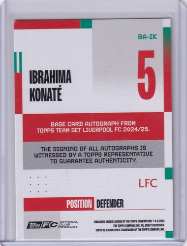 topps liverpool team set 2024-25 Ibrahima konate auto /250 liverpool football - Picture 2 of 2