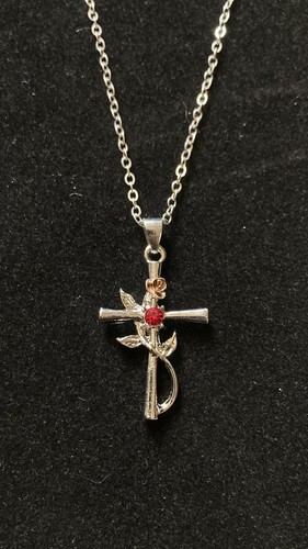 Silver Cross Red Birthstone Gemstone Flower Pendant Necklace 18 inch - 第 1/11 張圖片