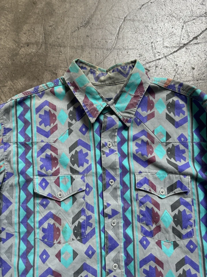 Vintage Wrangler Brushpopper Aztec Button Down Blue Rare Size 18-35  - Image 4 of 4