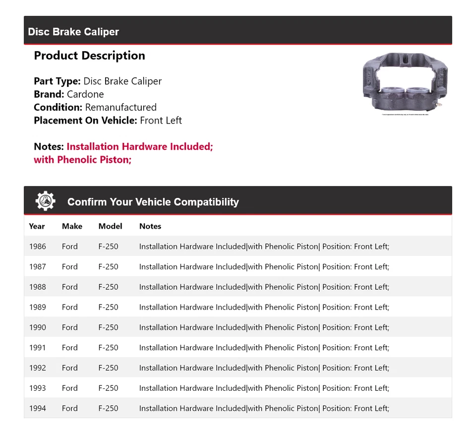 Pinza de freno de disco delantera izquierda cardone 1987 1988 1989 para Ford F-250 1986-1994 Foto 2 de 3