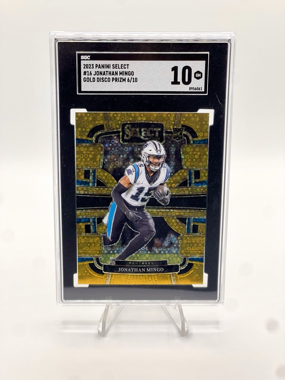 2023 Jonathan Mingo Panini Select #16 Prizm Gold Disco 2/10 RC Panthers
