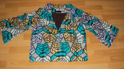 Ankara Falda y Chaqueta Top Estampado Africano Verde Azulado y Beige Multi Acampanada Reino Unido 14-16 - Imagen 4 de 11