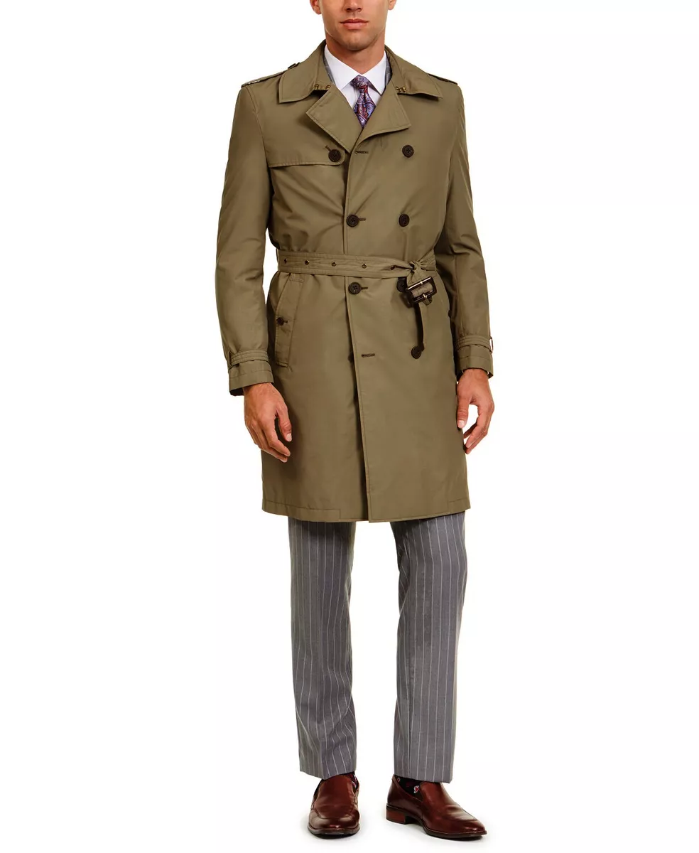 Calvin Klein Men's Olive Slim-Fit Double Breasted Military Raincoat 44Long