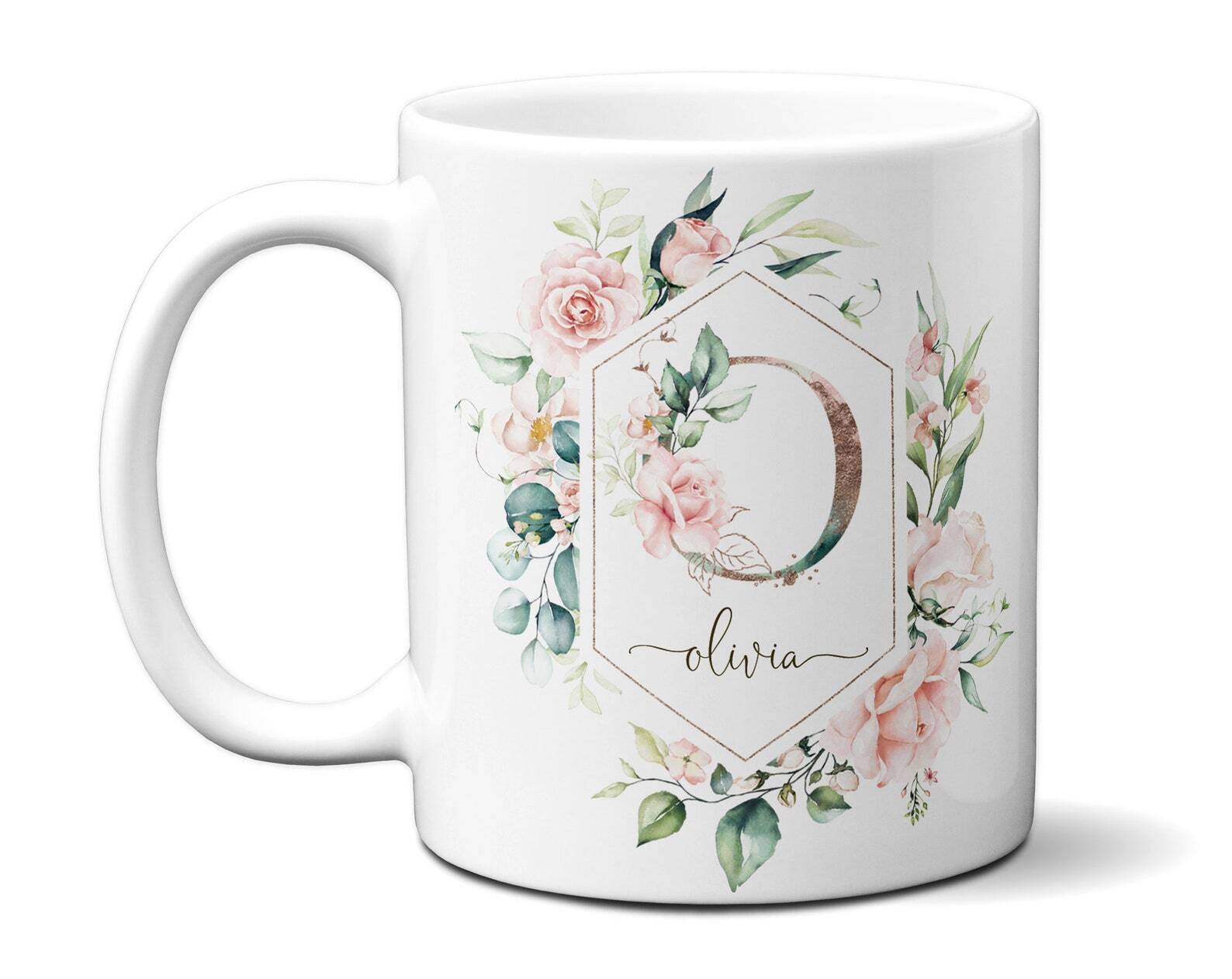 Letra inicial nombre personalizado & monograma floral alfabeto taza acuarela F