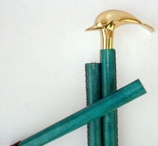 Victorian Antique Brass Fish Handle Wooden Leather Walking Stick Vintage Cane