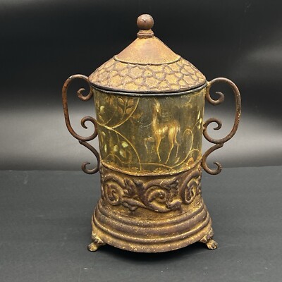 Rustic Decor Large Metal Jar Canister with Lid Woodland Scene Faux Rust 13 3/4''