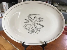 Beautiful SERVING PLATTER MCM VTG 15" Line Art Swans & Fish Oval minimalist