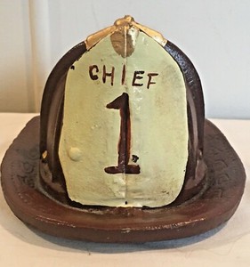 Antique Cast Iron FIRE CHIEF Piggy Bank Doorstop Fireman Helmet #1 Red Hat