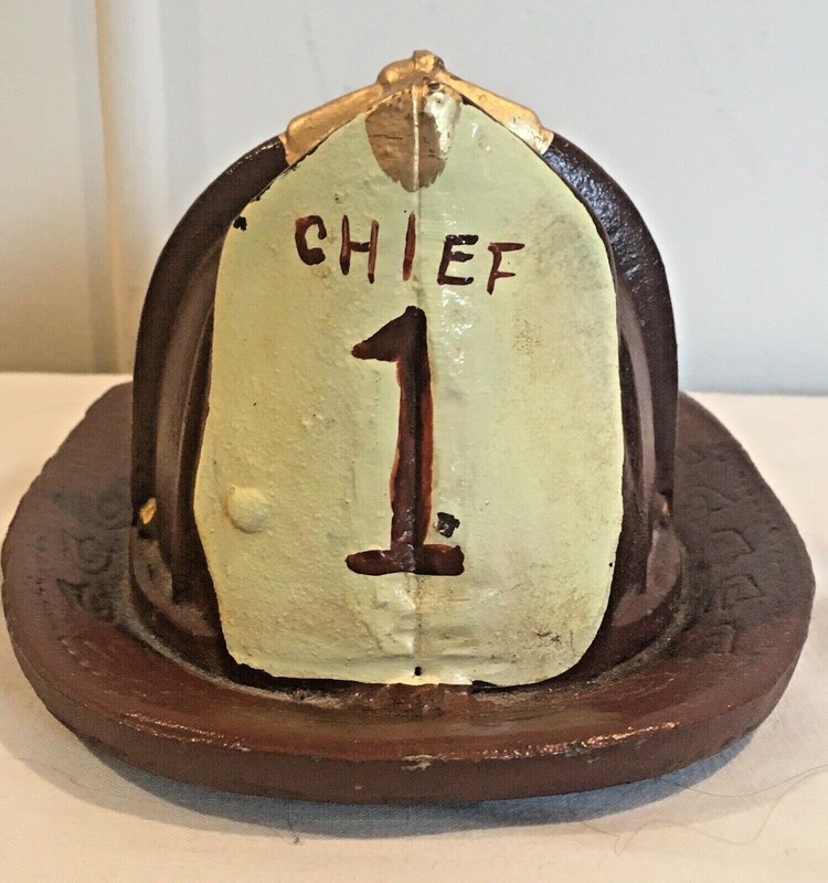 Antique Cast Iron FIRE CHIEF Piggy Bank Doorstop Fireman Helmet #1 Red Hat