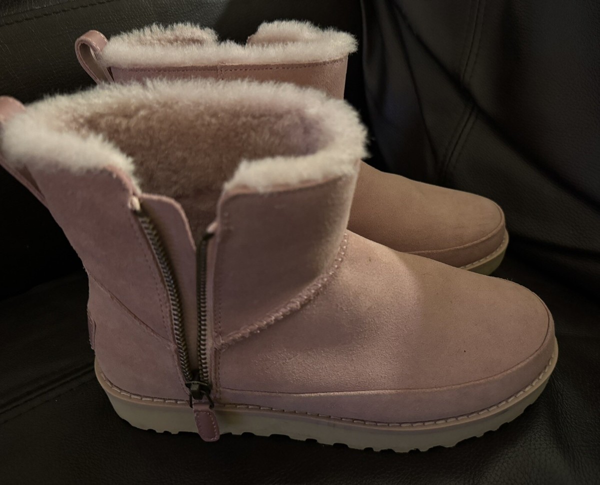 UGG PINK CLASSIC WEATHER ZIP MINI WR SUEDE/ WOOL WINTER BOOTS, US