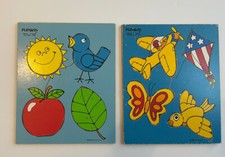 2 Vintage Playskool Wooden Puzzles 1985 Colors Things That Fly Made In USA
