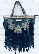 Nicole Lee Black Gold Embellished + Fringe Studded Bucket Tote Shoulder Bag