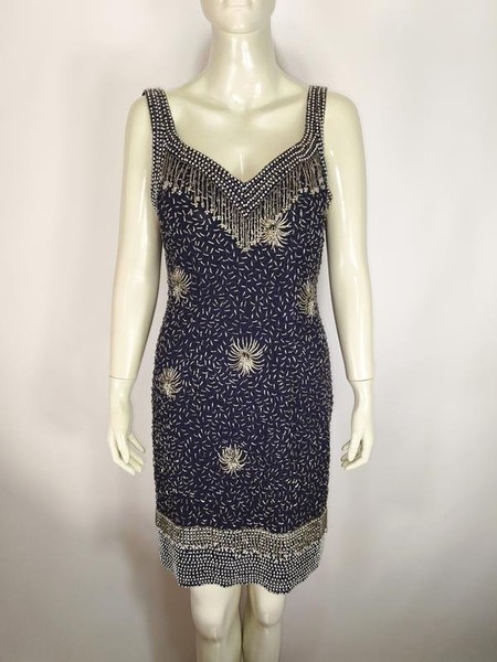 Women Vintage Dress Silver Silk 40 / L / 48