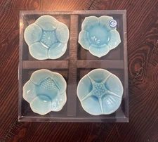 Teal Glass Flower Condiment Dip Prep Mini Bowl Set of 4 Global Home