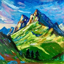 Original acrylic painting. Mountain landscape. Handmade. Size 8.5”x8.5”.