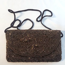 VTG Andre Cellini Bronze Glass Beaded Evening Clutch Purse Bag with  Flap