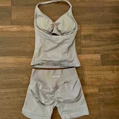 DFYNE Activewear Set Grey Halter Tank and Scrunch Shorts Small