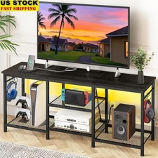 Entertainment Center TV Stand W/ Charging Station LED Light Open Shelves Storage