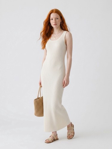 Anthropologie Dress Sz L Saturday Sunday Cream Ribbed Knit Halter Maxi NWOT