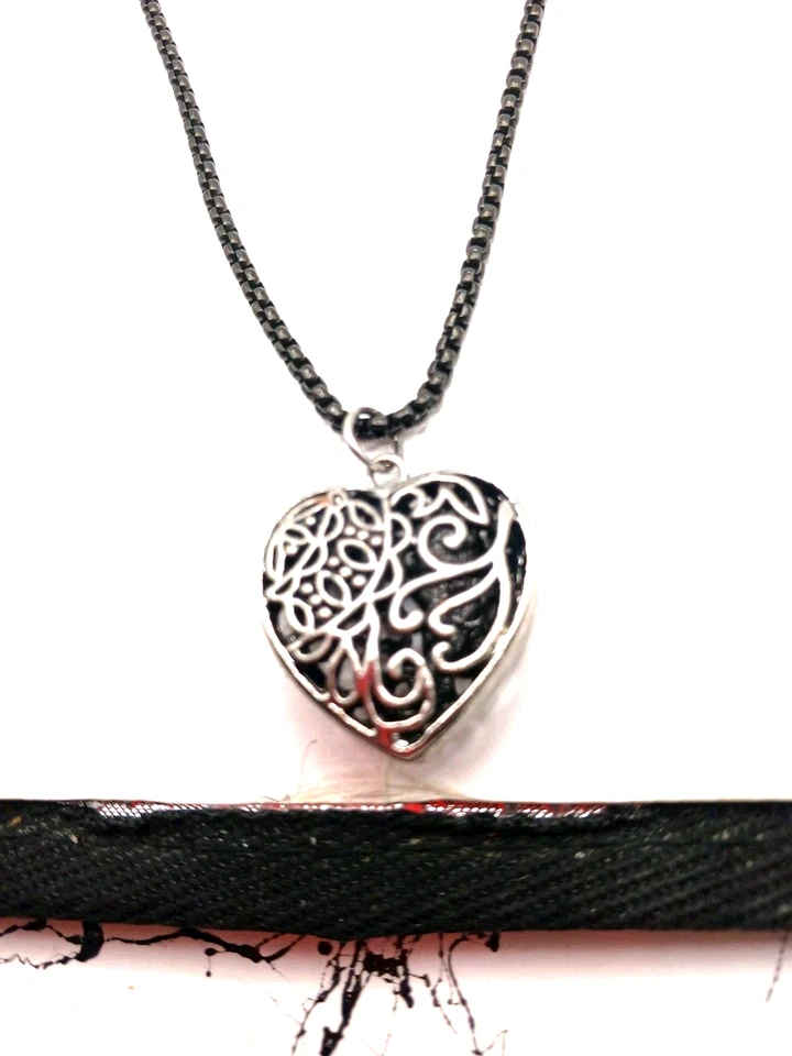 Gothic  Metal Silver Tone Filgree Heart Pendant- 22" - Image 3 of 4