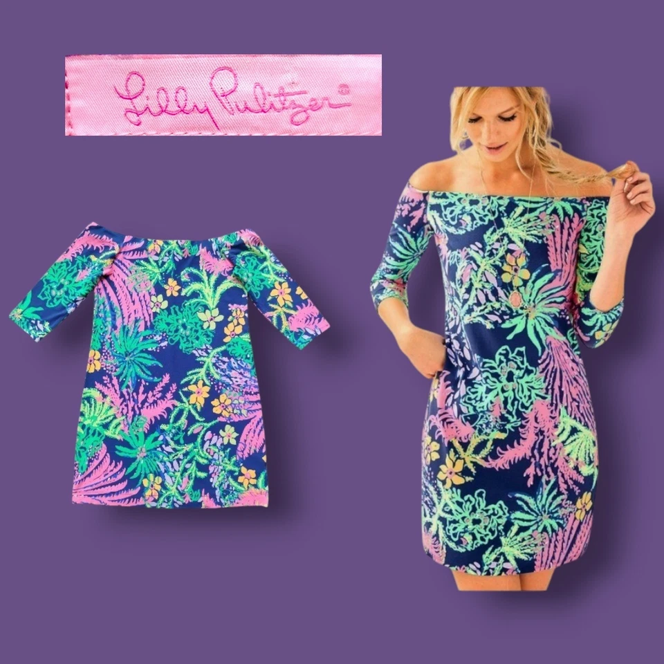 Robe Lilly Pulitzer Laurana manches 3/4 épaules dénudées indigo tropical tail... - Photo 1/4