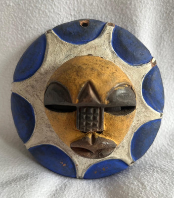 Rare Vintage Kwele Clay Mask - Blue, White & Yellow - Tribal Wall Hanging Gabun