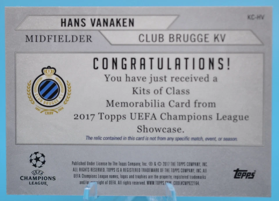 2016-17 Topps UEFA Showcase Hans Vanaken Kits of Class Black /5 Match Worn Patch - Image 2 of 2