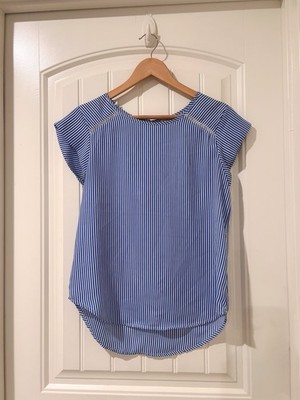 Lily White Vertical Stripped Blue And While Cap Sleeve Blouse Women s Size Small