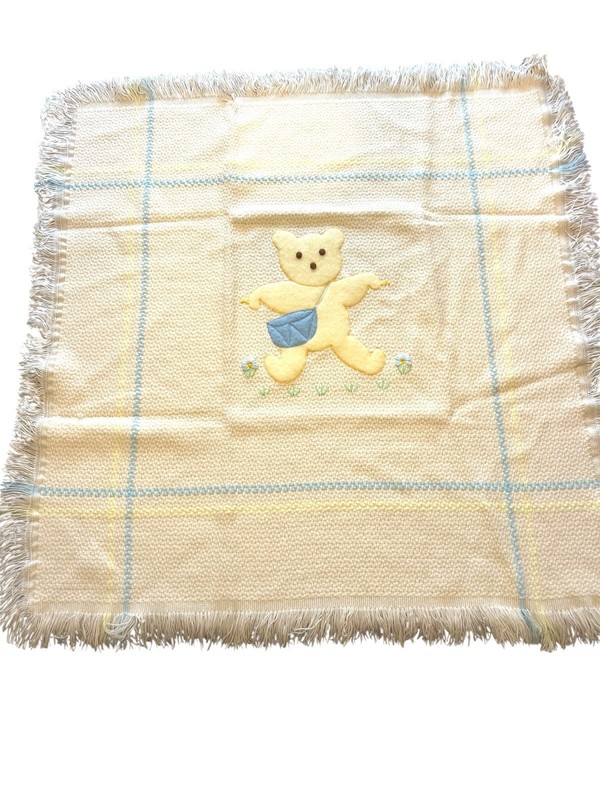 Vintage Saks Fifth Avenue Beautiful Knitted Cream Baby Blanket With Fringes Bear
