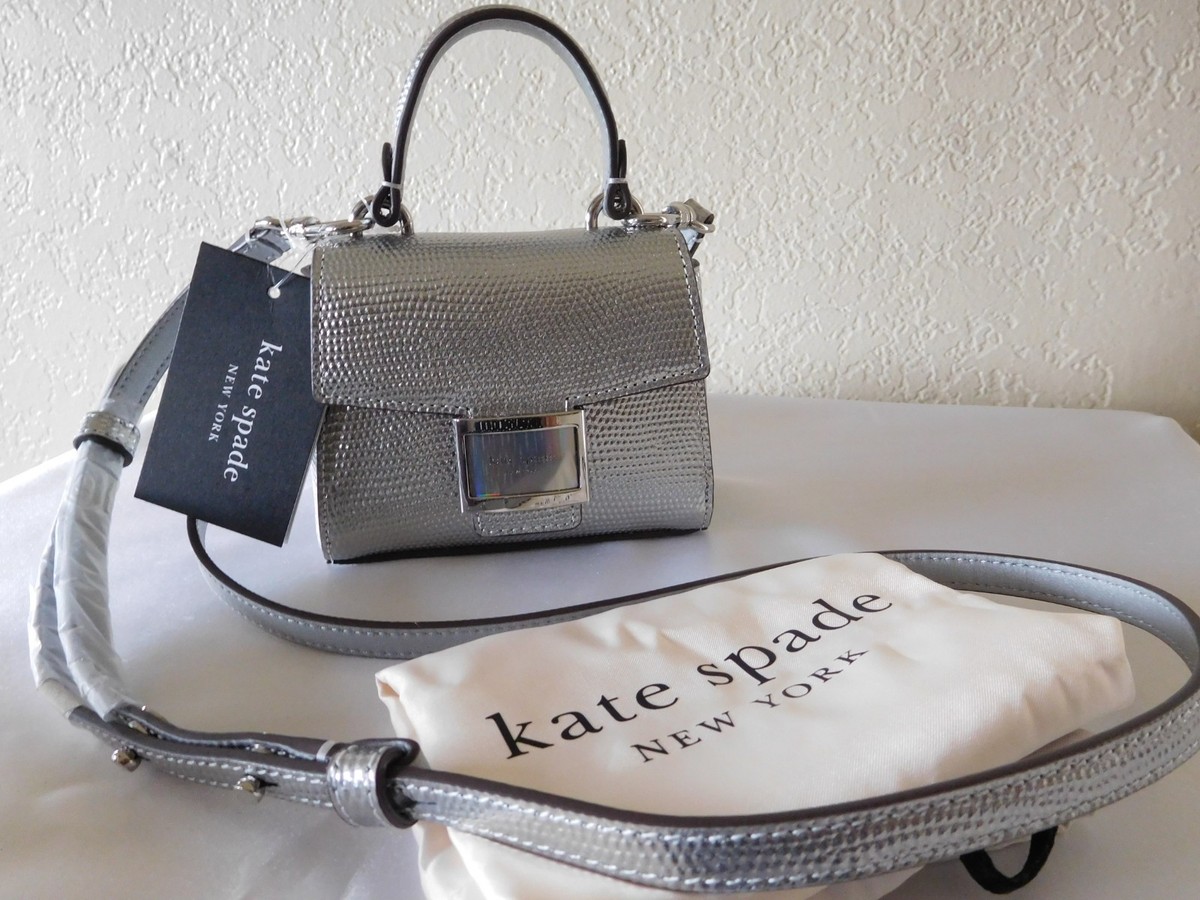 New Kate Spade KATY Lizard Embossed Micro Crossbody Leather Silver