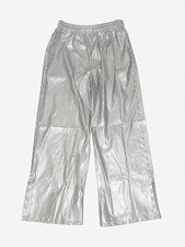 Women  s Silver Metallic Wide-Leg Pants Faux Leather Snap Side Slits Size L