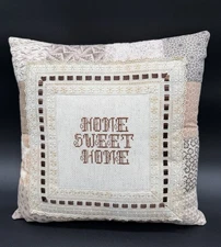 VTG Crosstich Patchwork Lace Home Sweet Home Accent Pillow Farmhouse Cottage Dec