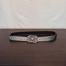 Vintage Retro Elasticized Belt Covered W/Metallic Silver With Jeweled Buckle
