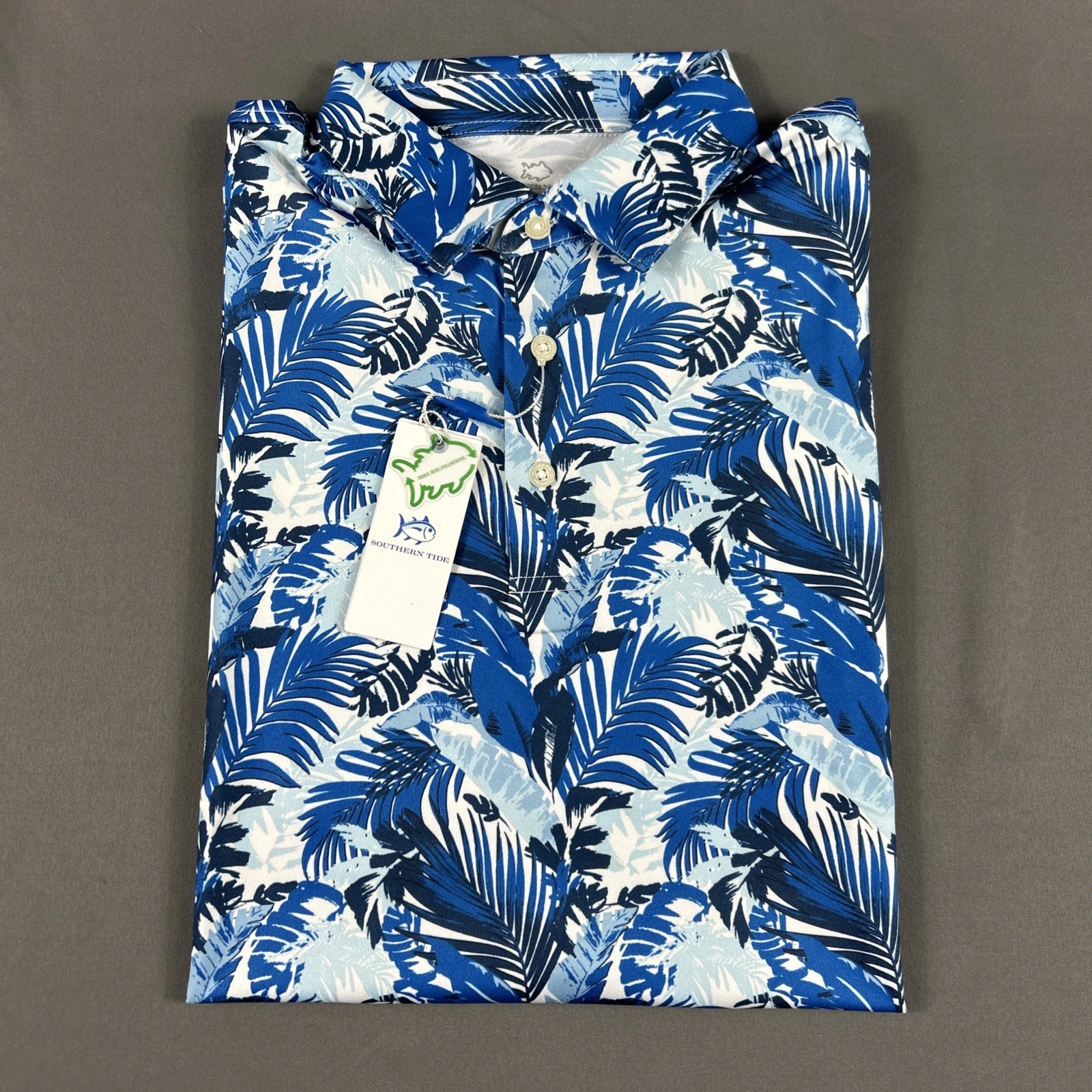 Southern Tide Golf Shirt Polo Driver Paradise Palms Print Large Blue MSRP $98