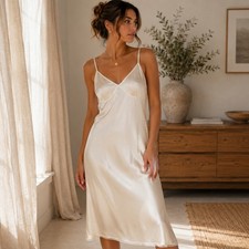 Vintage Ivory Cream Full Slip Dress Lace Trim V-Neck Adjustable Straps Midi