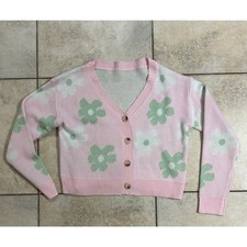 Floral Knit Cardigan Sweater Pink Green White Flower Pattern Cute